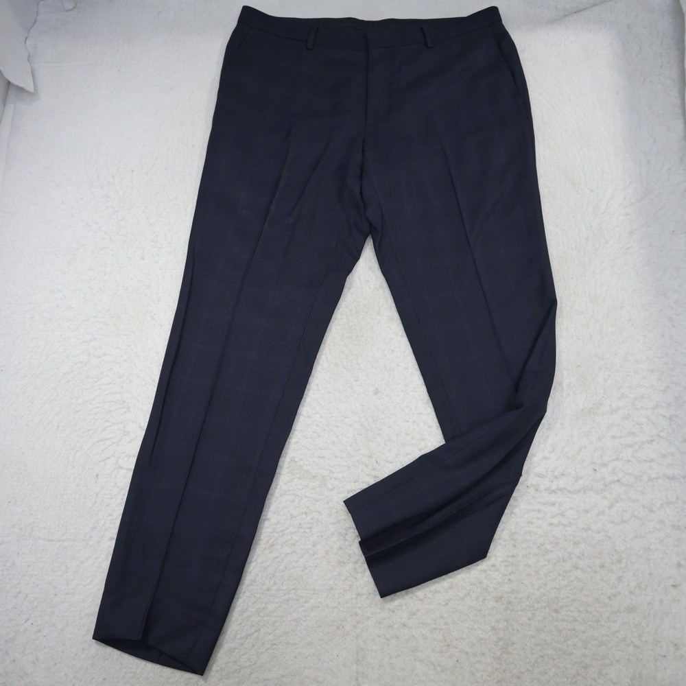 Hugo Boss Dress Pants Mens 36 x 32 Navy Plaid 100% Virgin Wool Flat Front - Picture 2 of 9